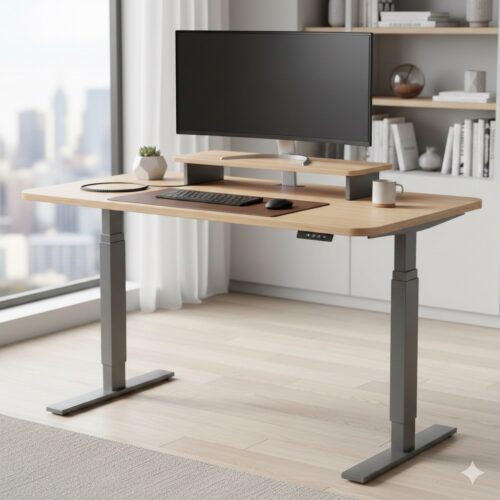Height-adjustable sit-stand desk in modern office