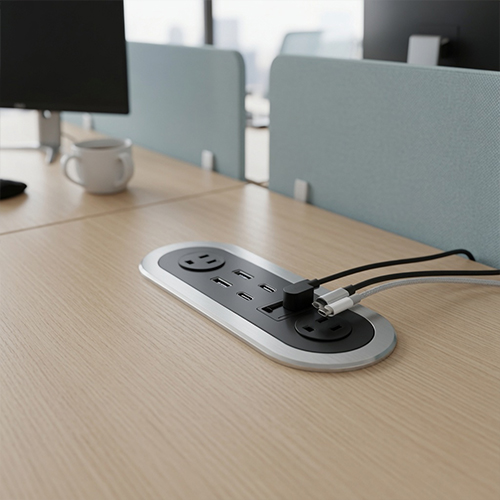 Office accessories including power ports and monitor arms